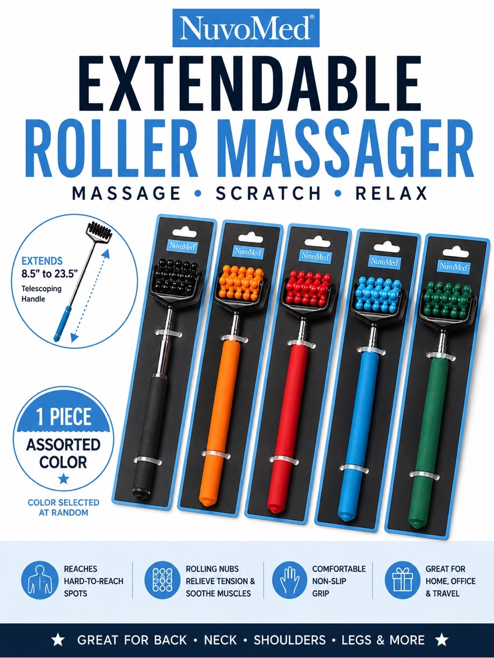NuvoMed Extendable Roller Massager Back Scratcher – Assorted Color